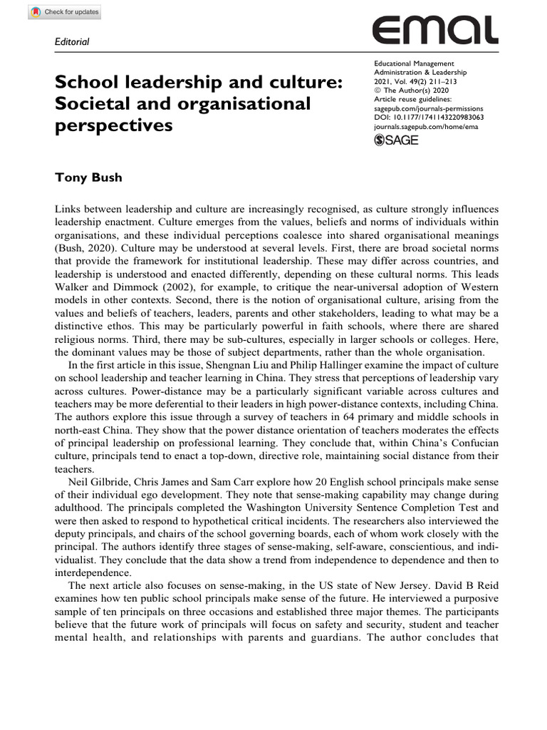 School Leadership and Cultural Impact | PDF | Leadership | Social ...