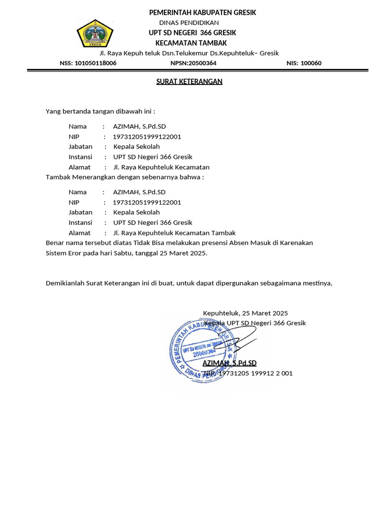 Surat Keterangan Absen Sistem Eror Gresik | PDF