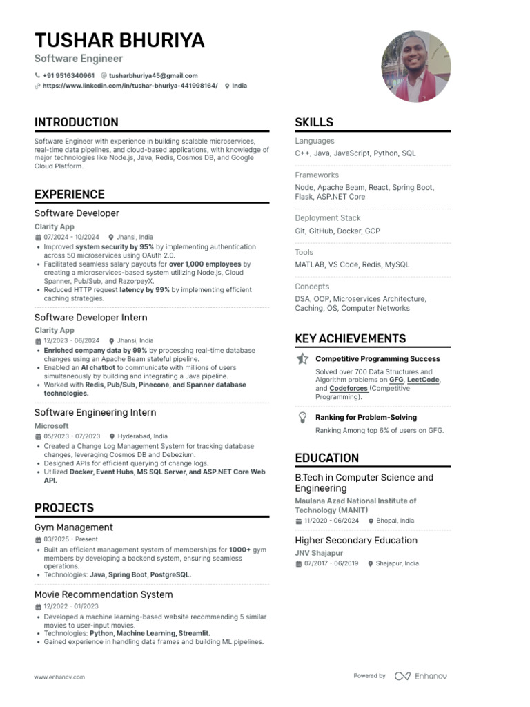 Tushar Bhuriya: Software Engineer Profile | PDF | Databases | Cloud ...