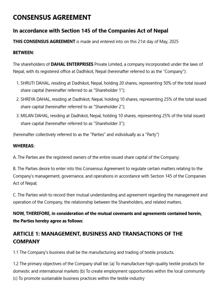 Consensus Agreement for Dahal Enterprises | PDF | Arbitration | Board ...
