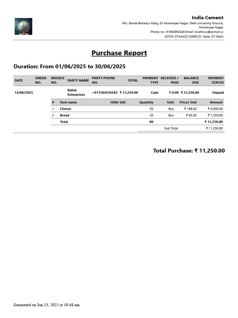 PurchaseReport 01 06 25 To 30 06 25 | PDF