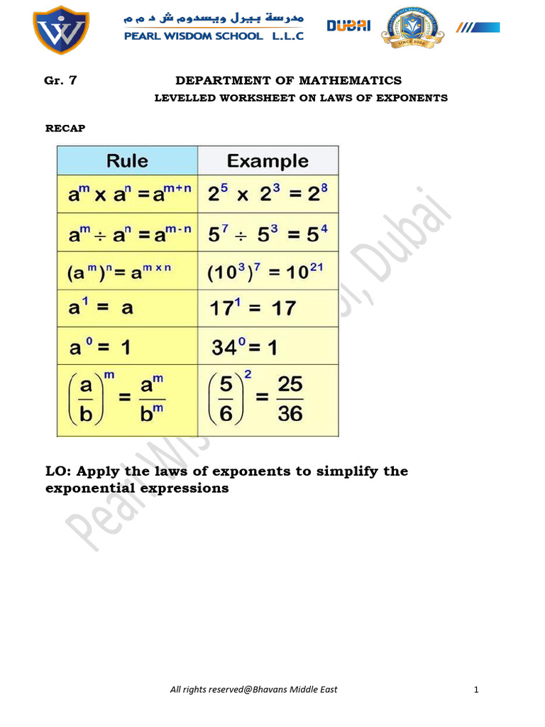 Exponent and Powers LevelLED WS Gr.7 | PDF