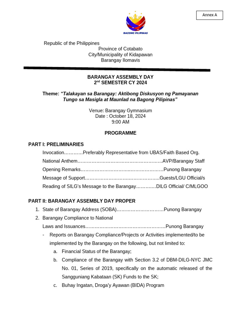 Barangay Assembly Day Program 2024 | PDF