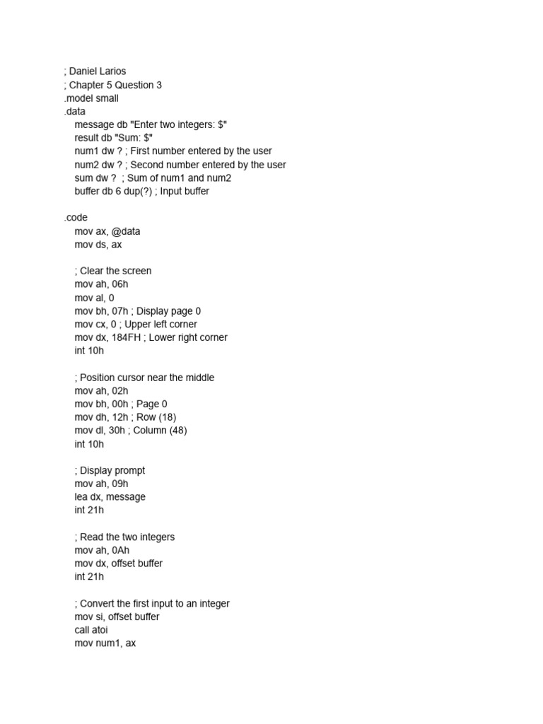 Assembly Program for Integer Sum | PDF