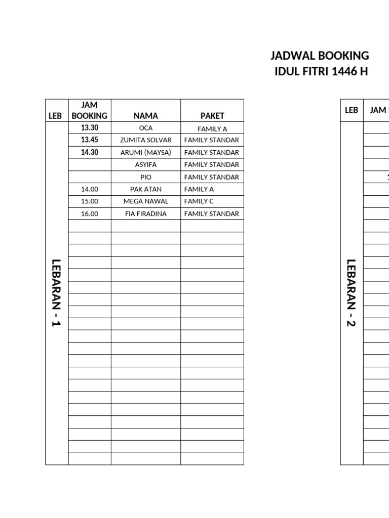Jadwal Booking Pdf