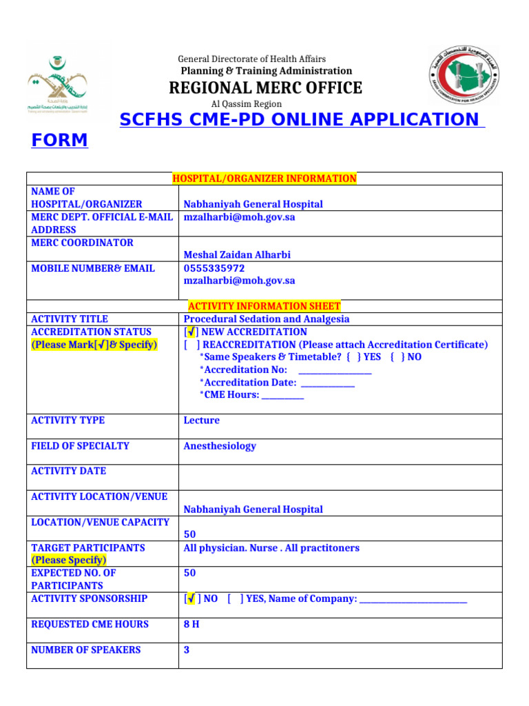 Procedural Sedation CME Application Form | PDF | Health Care | Medical ...