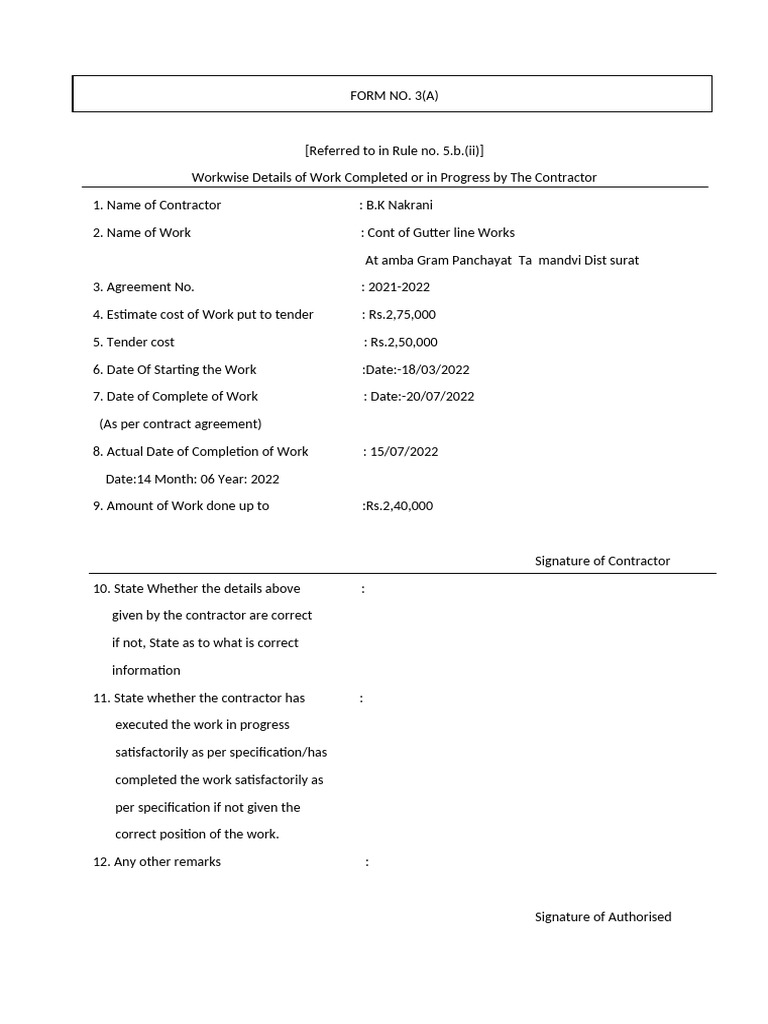 Form No. 3: Contractor Work Details | PDF