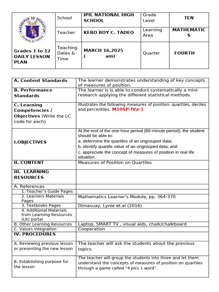 Grade 10 Math Lesson on Quartiles | PDF | Quartile | Learning