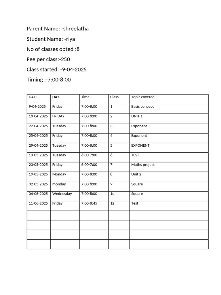 Riya's 8-Class Math Schedule 2025 | PDF