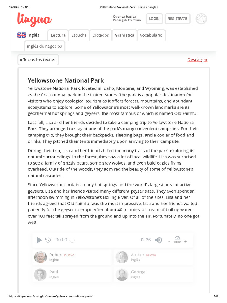 Yellowstone Park: English Text & Questions | PDF | Yellowstone National ...