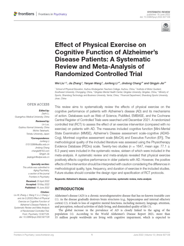 Effect of Physical Exercise On Cognitive Function of Alzheimer's ...