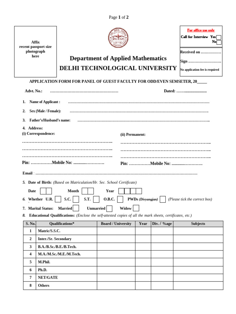 Guest Faculty Application Form DTU | PDF
