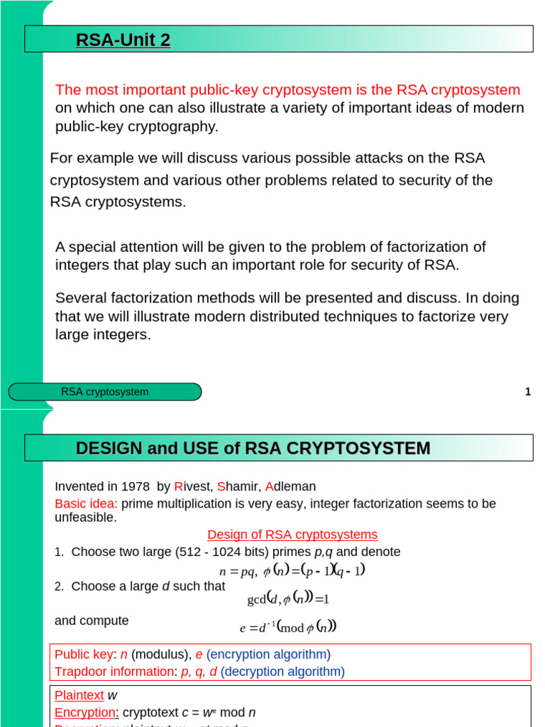 RSA Cryptosystem Unit-2 | PDF | Encryption | Public Key Cryptography