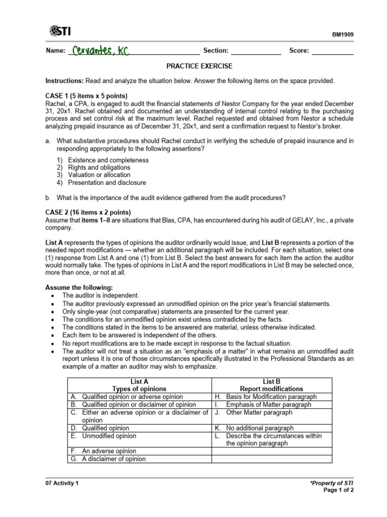 Audit2 07 Activity 1 | PDF | Audit | Inventory