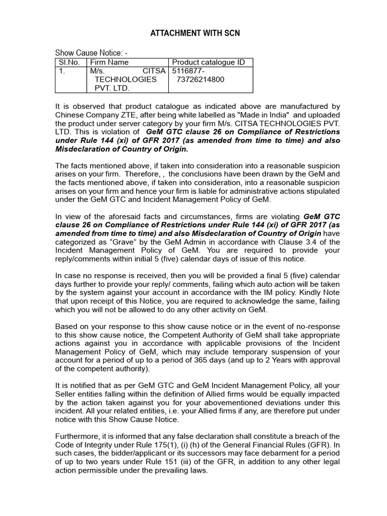GeM Show Cause Notice for Misdeclaration | PDF | Public Law | Common Law
