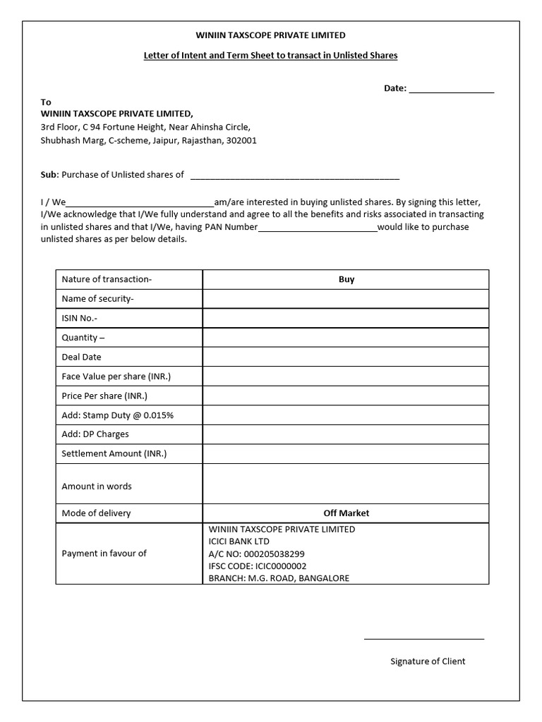 Letter of Intent - Unlisted Shares v1 | PDF | Indemnity | Banks