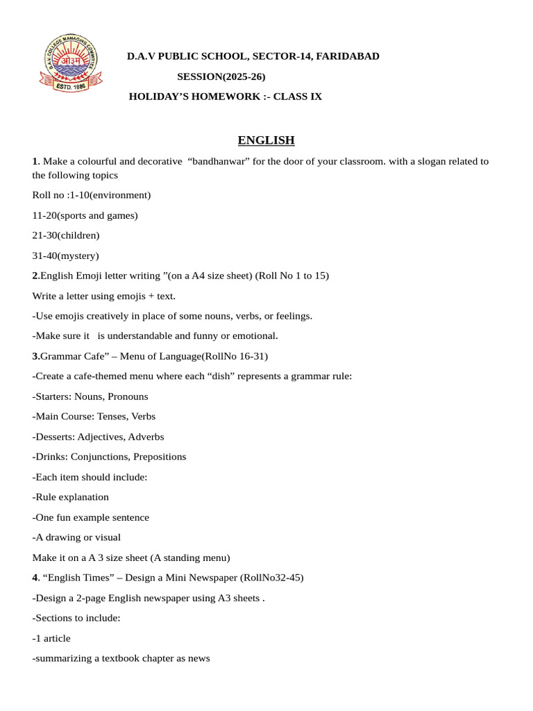 Class IX Holiday Homework 2025-26 | PDF | Acceleration | English Language