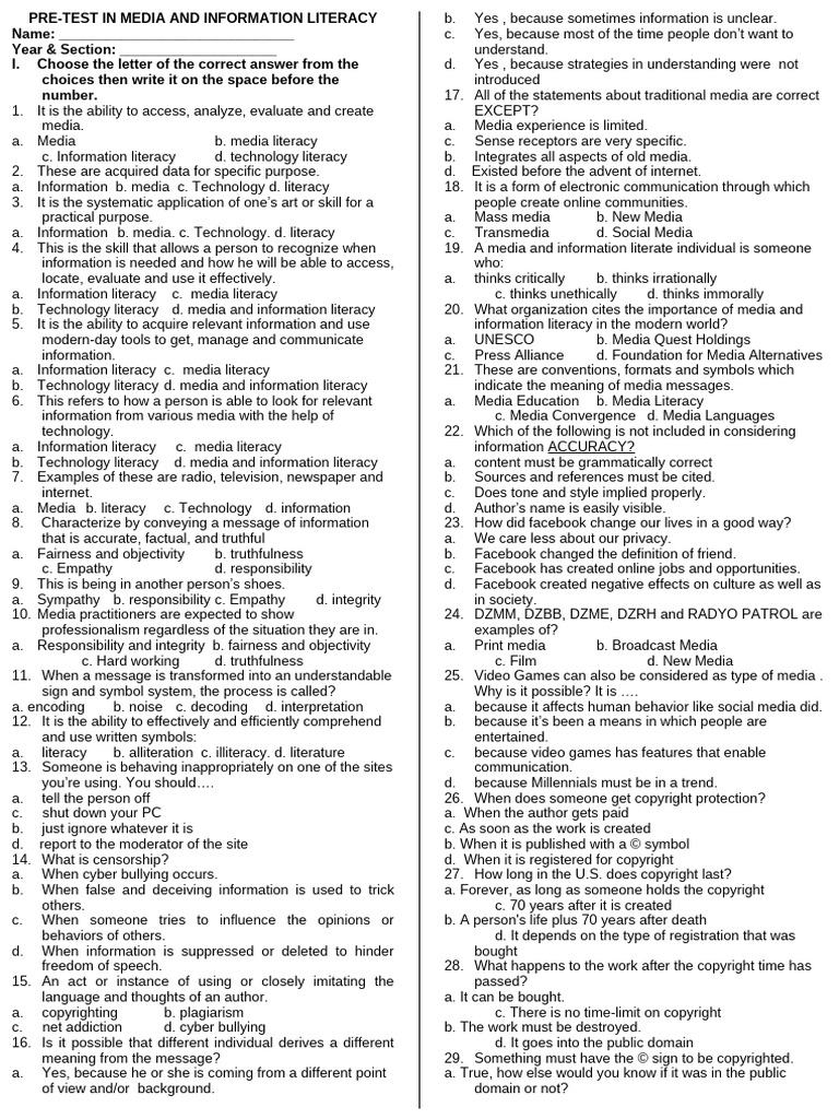 Pre-Test in Media and Information Literacy | PDF | Information | You Tube