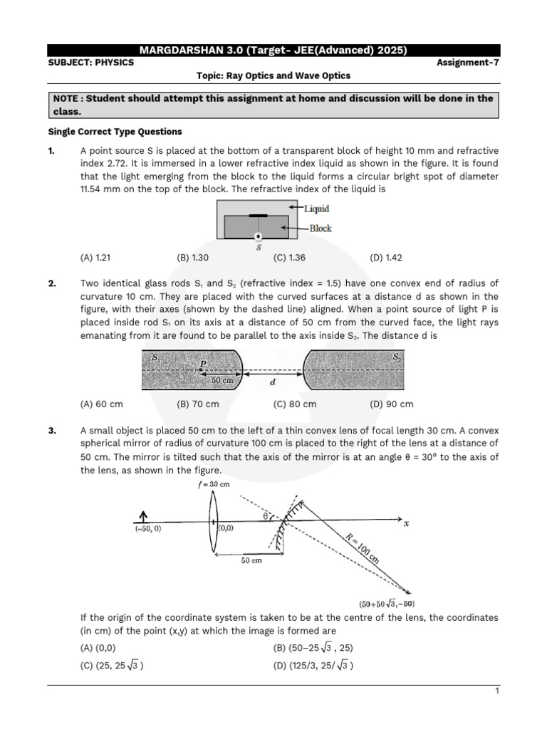JEE Advanced 2016: Geometrical Optics Problems | PDF | Optics | Mirror