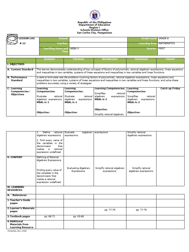 Grade 8 Math Daily Lesson Log | PDF | Equations | Polynomial