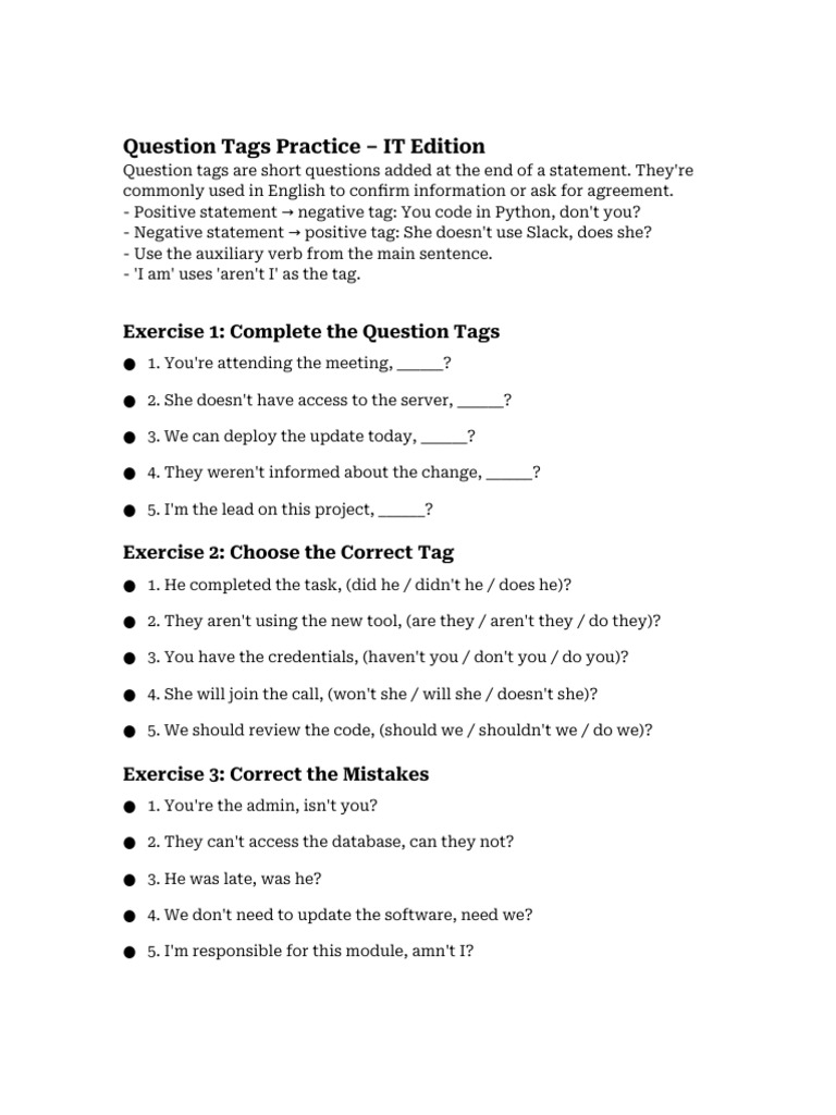 Question Tags Practice for IT Teams | PDF