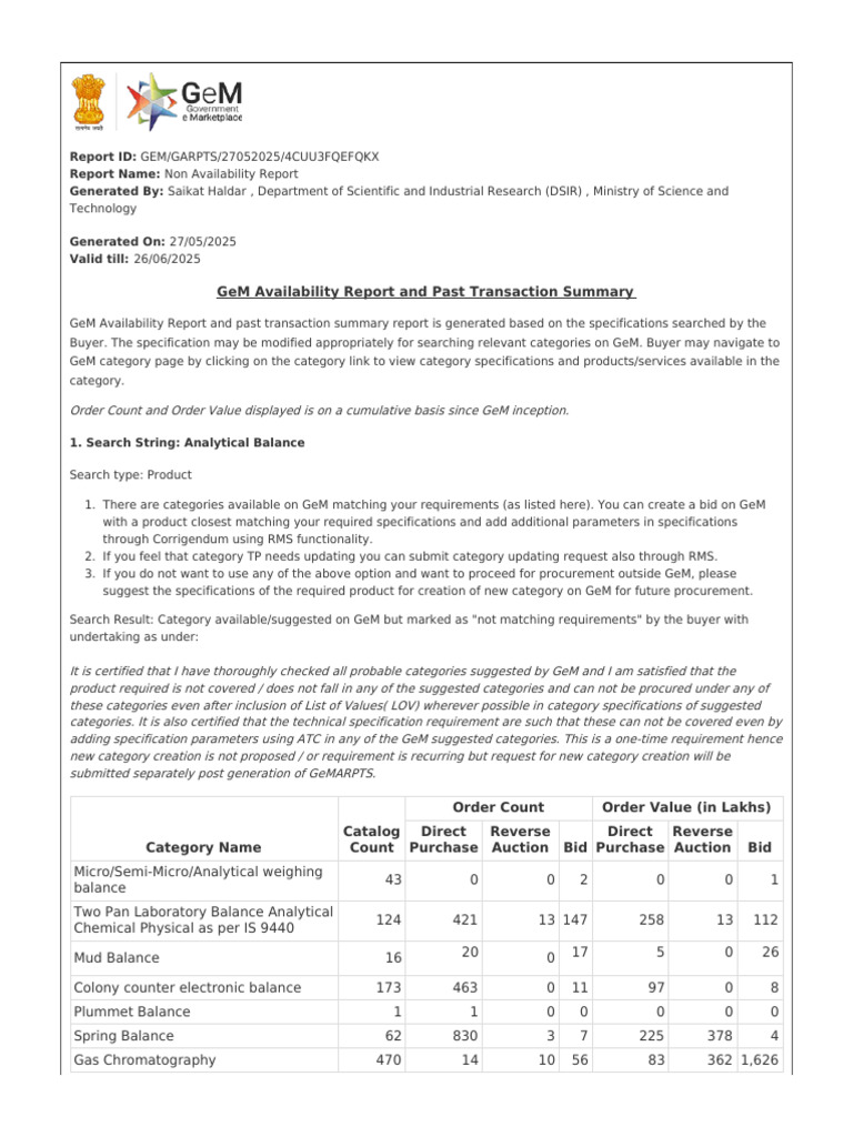 GeM Availability Report Summary | PDF | Procurement