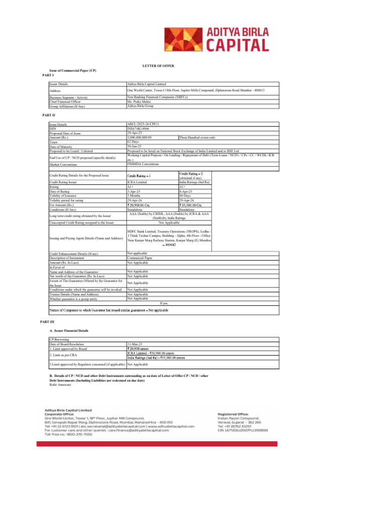 Aditya Birla Finance: CP Issue Details | PDF | Debt | Equity (Finance)