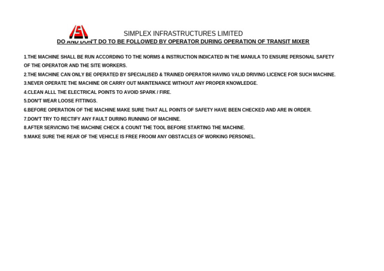 Transit Mixer Operation Guidelines | PDF