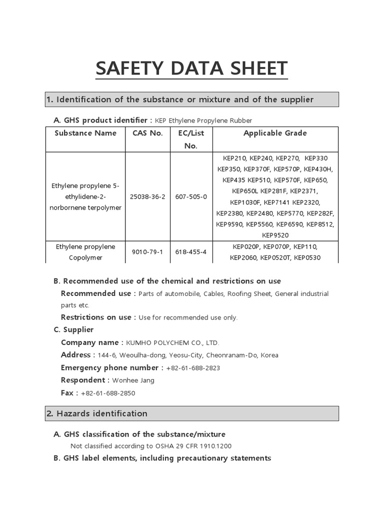 KEP Ethylene Propylene Rubber Safety Data Sheet | PDF | Personal ...