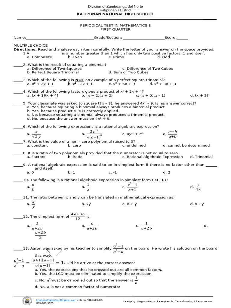 Math 8 First Quarter Periodical Test | PDF | Cartesian Coordinate ...