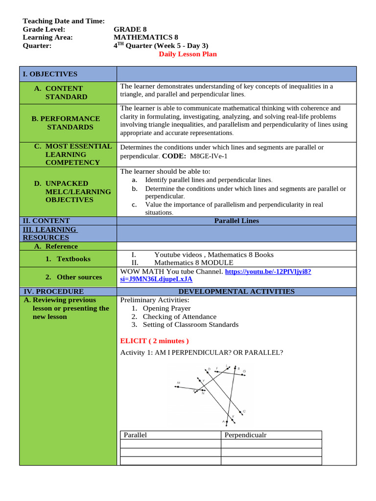 Grade 8 Math Lesson on Lines | PDF | Learning | Lesson Plan