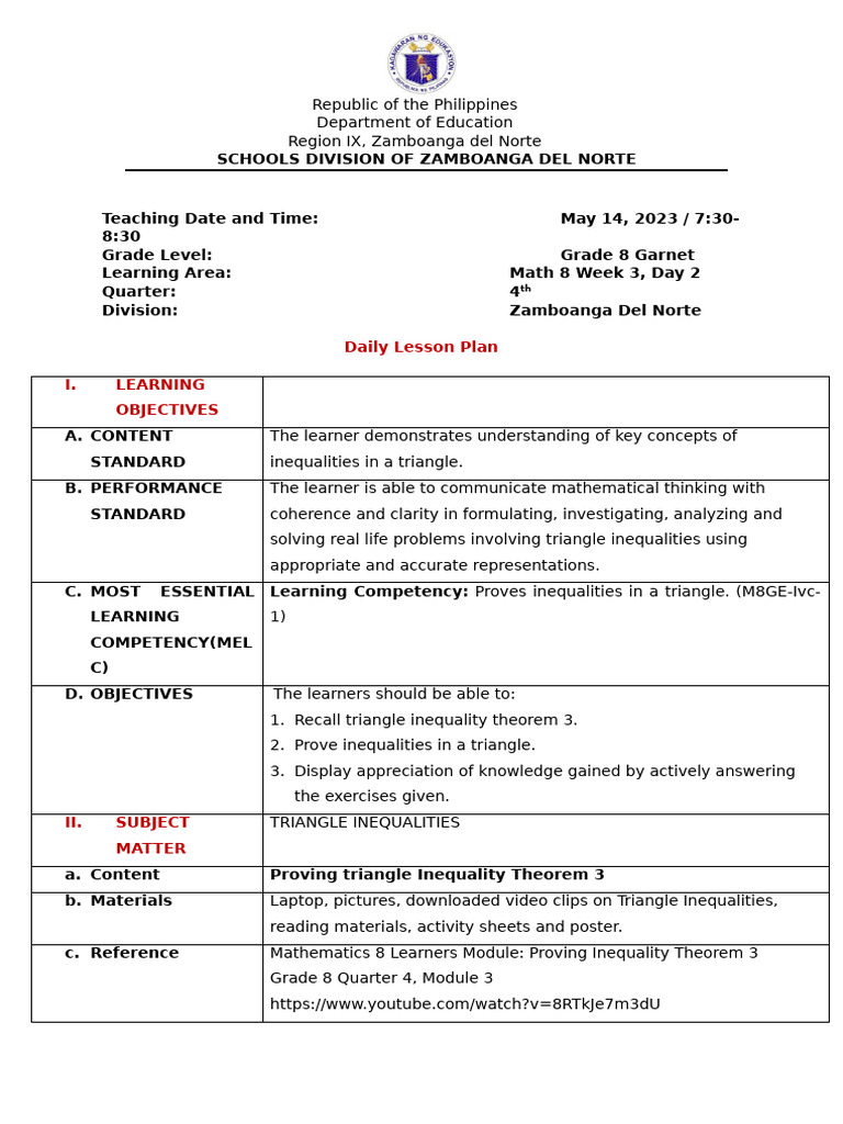Grade 8 Math Lesson Plan: Triangle Inequalities | PDF | Learning ...