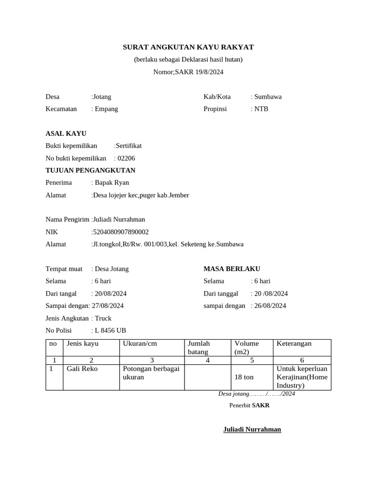 Nota Angkutan Kayu Rakyat SAKR 2024 | PDF