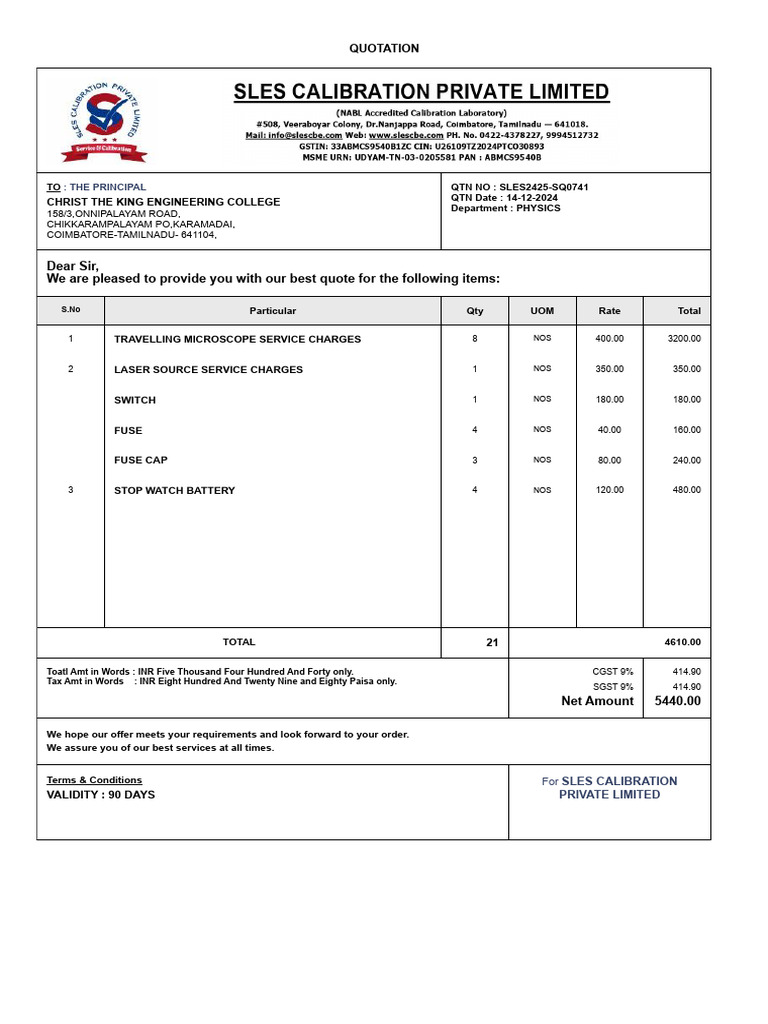 Quotation from SLES Calibration Pvt Ltd | PDF