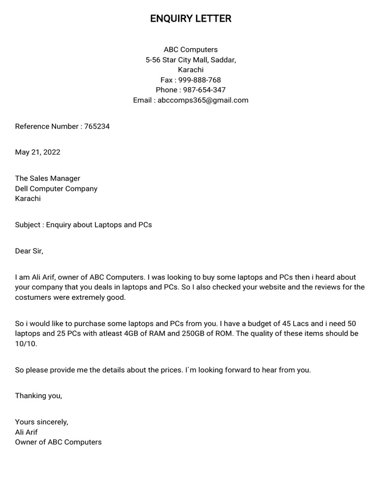 Enquiry and Order Letter 1 | PDF