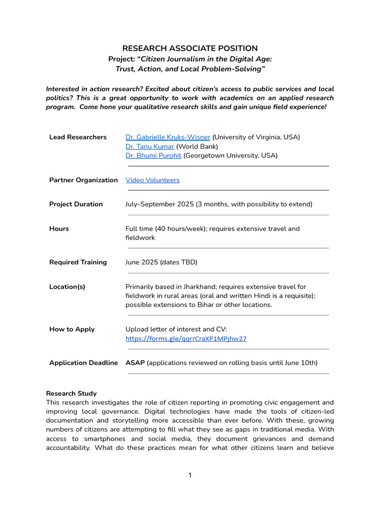 RESEARCH ASSOCIATE - Job Description - 2025 - Dig Voices | PDF | Human ...