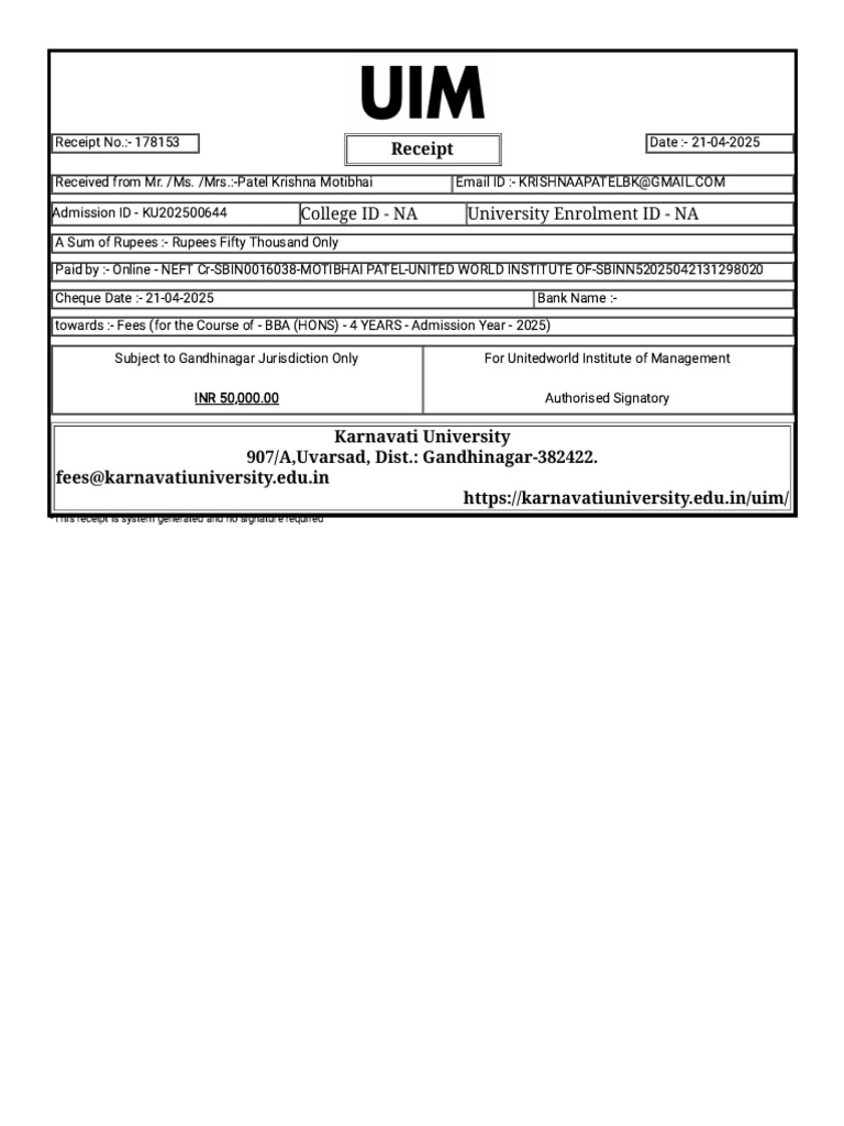 KU BBA Fee Payment Receipt 2025 | PDF