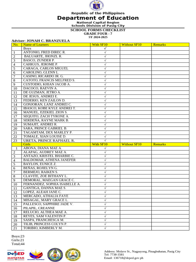 Grade 4 School Forms Checklist 2024-2025 | PDF