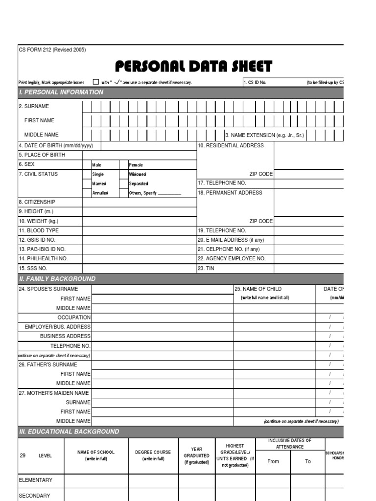Personal Data Sheet CS Form 212 | PDF | Crime & Violence | Crime Thriller
