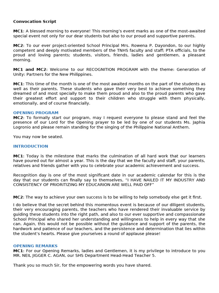 Recognition Day Emcee Script 2 | PDF