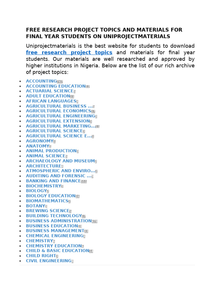 Free Project Topics for Final Year Students | PDF | Agriculture | Science