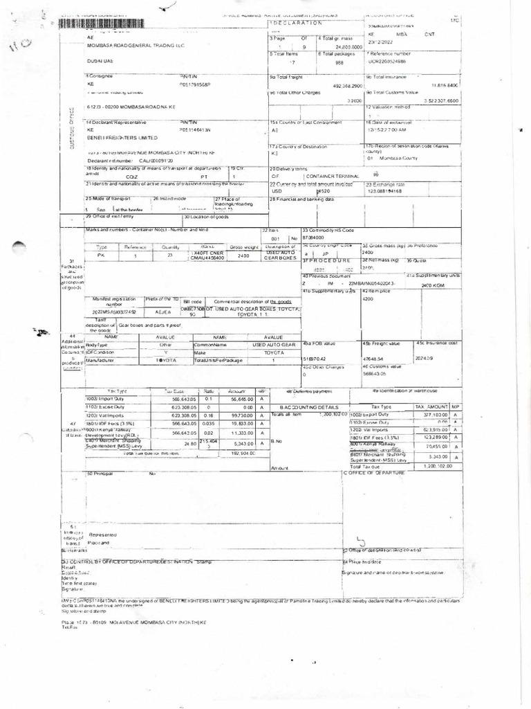 Import Declaration for Used Auto Parts | PDF | Taxes | Sales