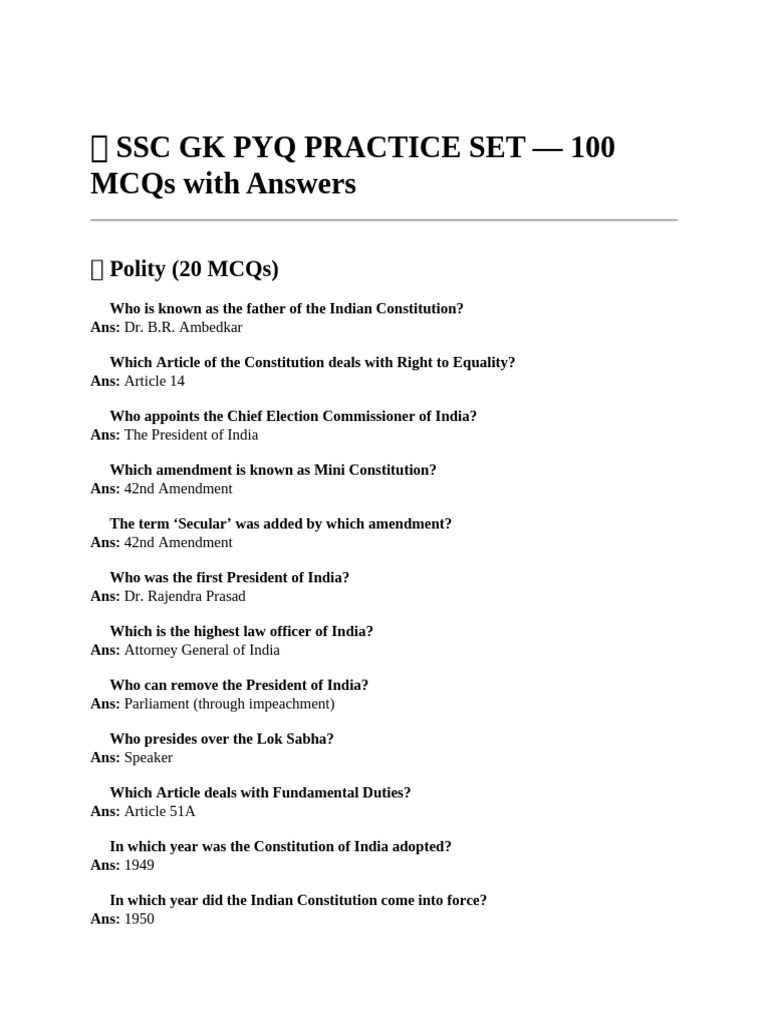 SSC GK Practice Set: 100 MCQs | PDF