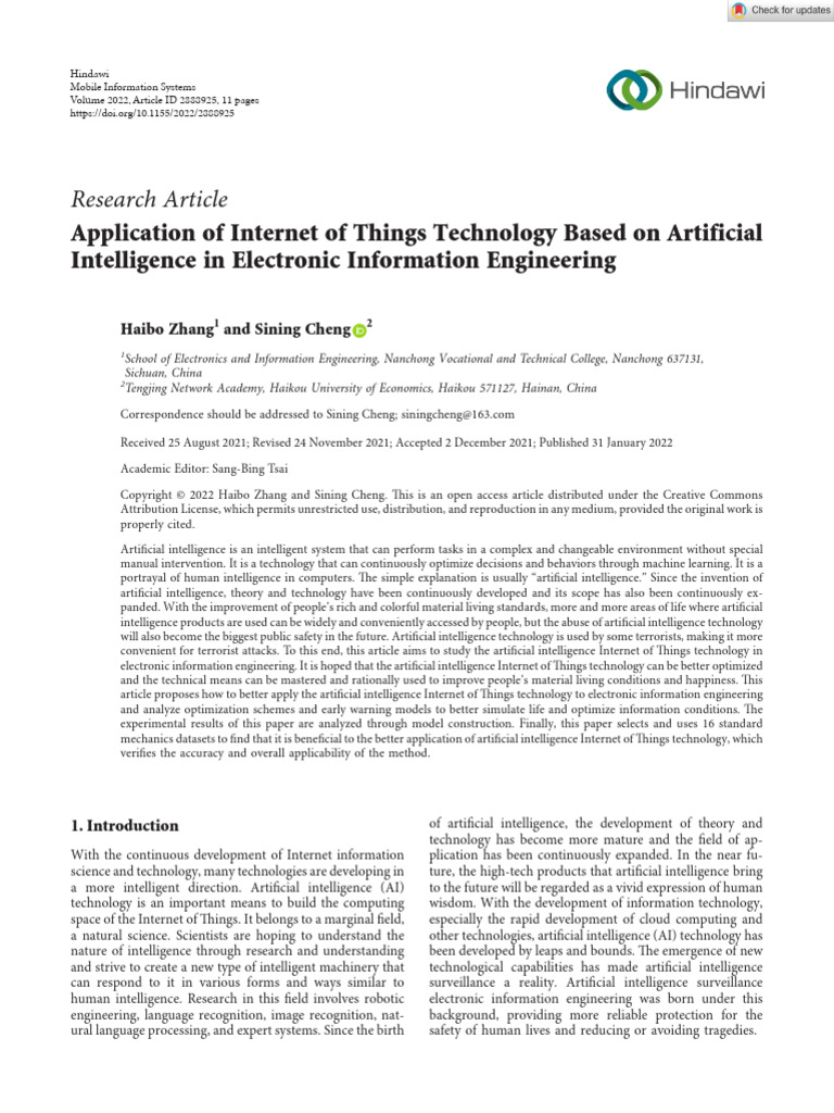 Mobile Information Systems - 2022 - Zhang - Application of Internet of ...