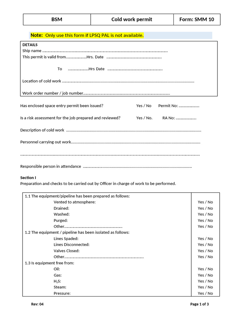 Cold Work Permit Form SMM 10 Guide | PDF | Gas Technologies | Gases