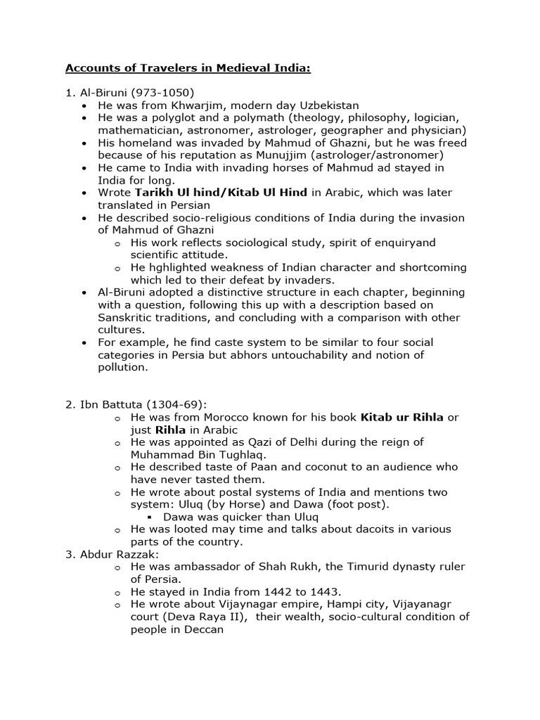 Classroom 1 Accounts of Travelers Medieval India | PDF