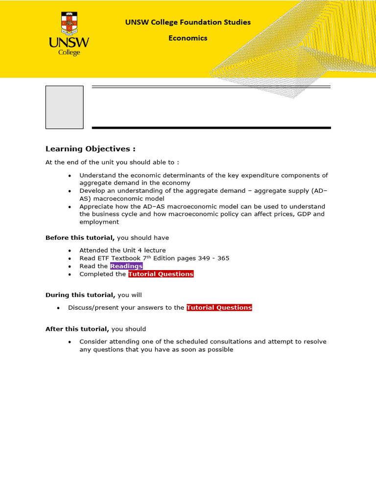 UNSW College - Unit 4 Aggregrate Demand Supply | PDF | Macroeconomics ...