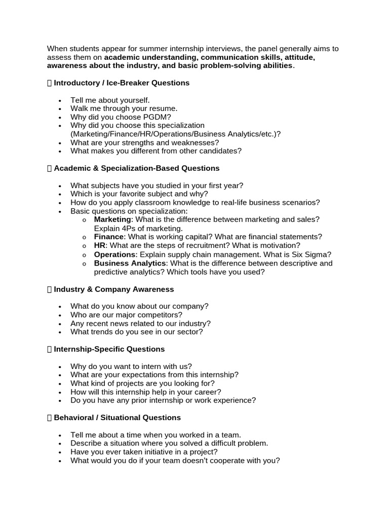Summer Internship Interview Guide | PDF | Analytics | Marketing
