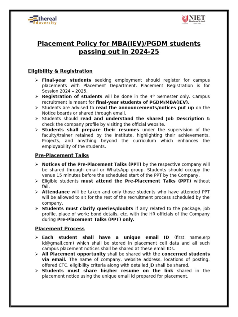 Placement Policy for PGDM_2024-2025 | PDF | Identity Document | Master ...