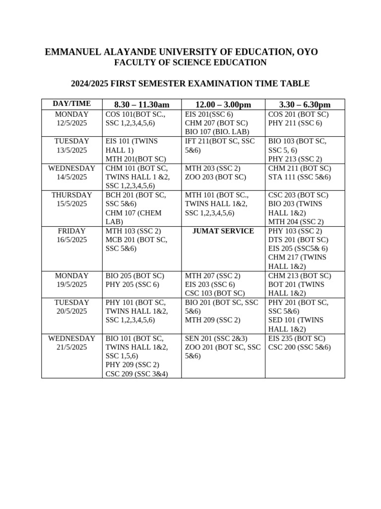 First Sem. Exam Timetable (SCIENCE) | PDF